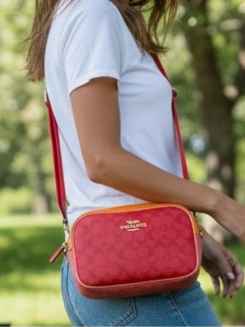 Coach Jamie Colorblock Signature Camera Crossbody Red Pink Orange Gold Hardware